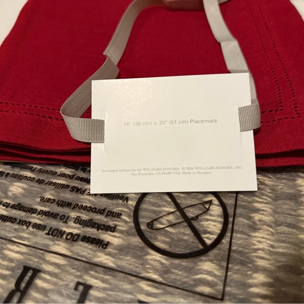 New Williams Sonoma Linen Double Hemstitch Placemats, S/4, Red 14 X 20”